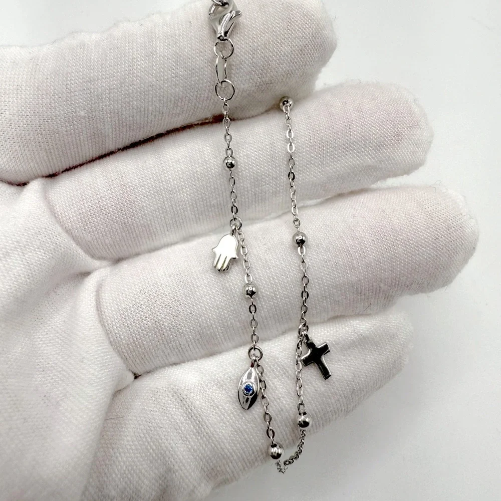 6.75” Dainty .925 Sterling Silver Dangle Eye, Cross and Hamsa Charm Bracelet
